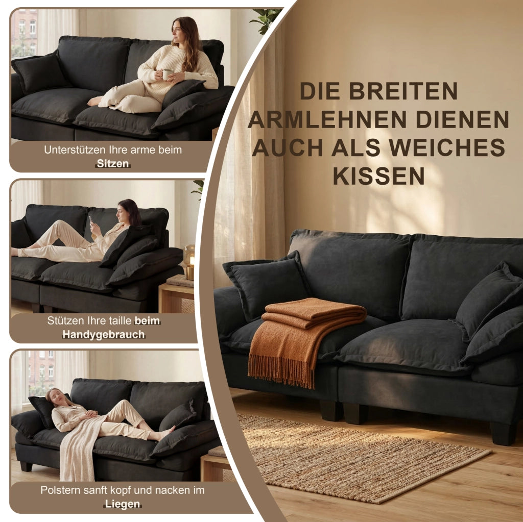 Divano modulare a U Cloud in chenille nero con portabevande, porta USB, 2 pouf e 2 cuscini, 323x155x90 cm