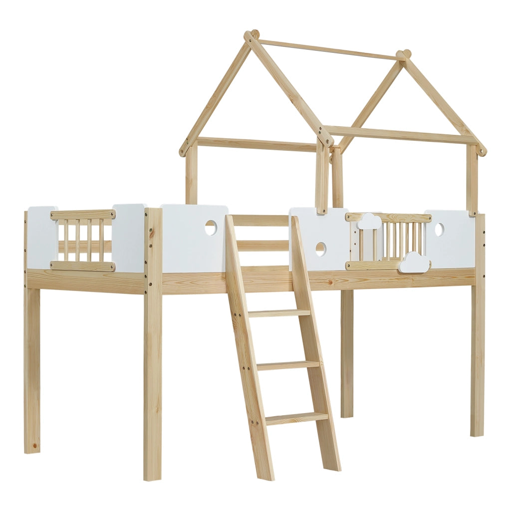 Letto a Soppalco per Bambini con Rete di Protezione ¨C MINIMAL ¨C Pino e Multistrato, Bianco, 90x200