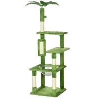 Albero per Gatti Multilivello con Amaca, Tiragraffi, Pallina e Foglie Decorative, 49x49x142 cm, Verde