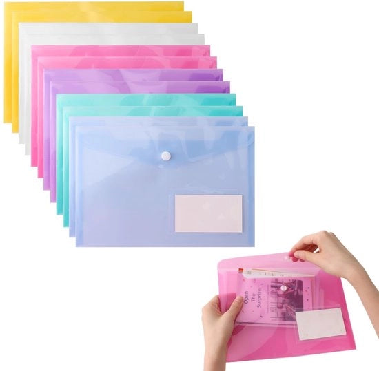 Pacchetto di 12 documentali A5, cartelloni dossier, 24 x 17 cm, cartelloni dossier trasparenti con chiusura a bottone e riquadri etichettabili, dossier acqua-resistant per organizzazione documenti (6 colori)