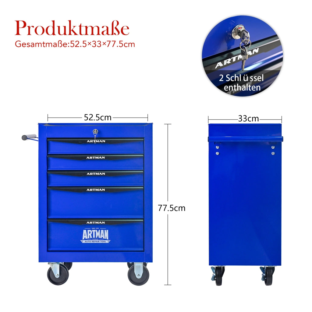 CARRELLO PORTAUTENSILI 5 Cassetti con ruote, acciaio nero e blu