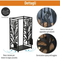 Potalegna per Camino in Acciaio e Antiruggine, Porta Legna per Interni ed Esterni con Design Elegante e 4 Attrezzi, 46x30x70 cm, Nero