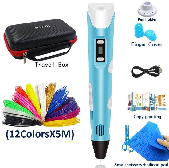 Stampante 3D - Kit di avvio per stampante 3D (blu) - Set di segni 3D - Giocattolo educativo per bambini e adulti - 5 metri di materiale di stampa in 12 colori