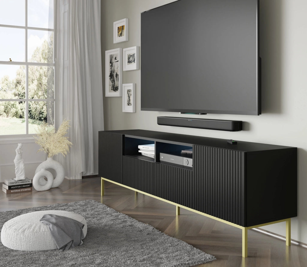 MOBILE RAVENNA BCK PORTA TV IN MDF RIVESTITO IN FOGLIO 2D2S 200 NERO OPACO STRUTTURA ORO