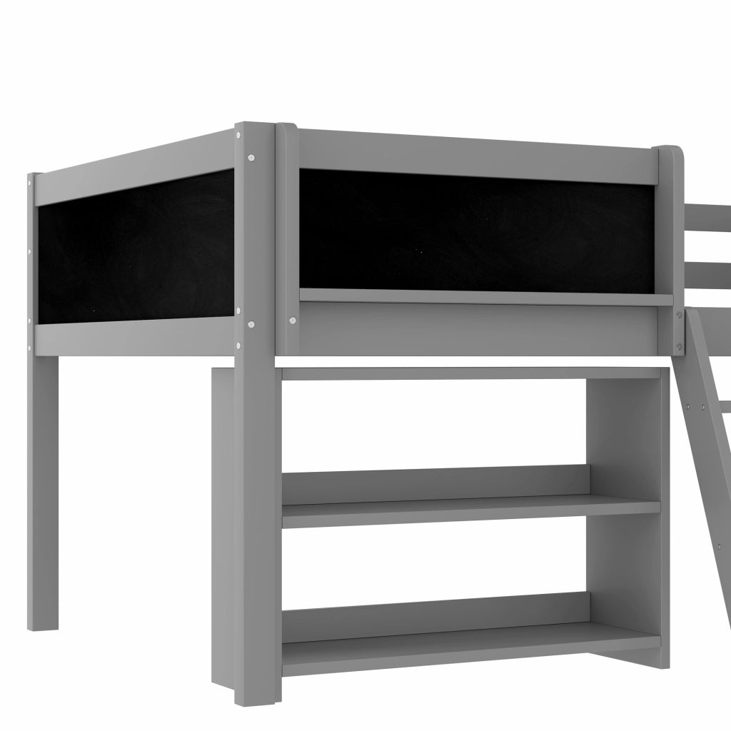 LETTO a soppalco 90x200 cm grigio con ripiani, sbarre, scala e lavagna