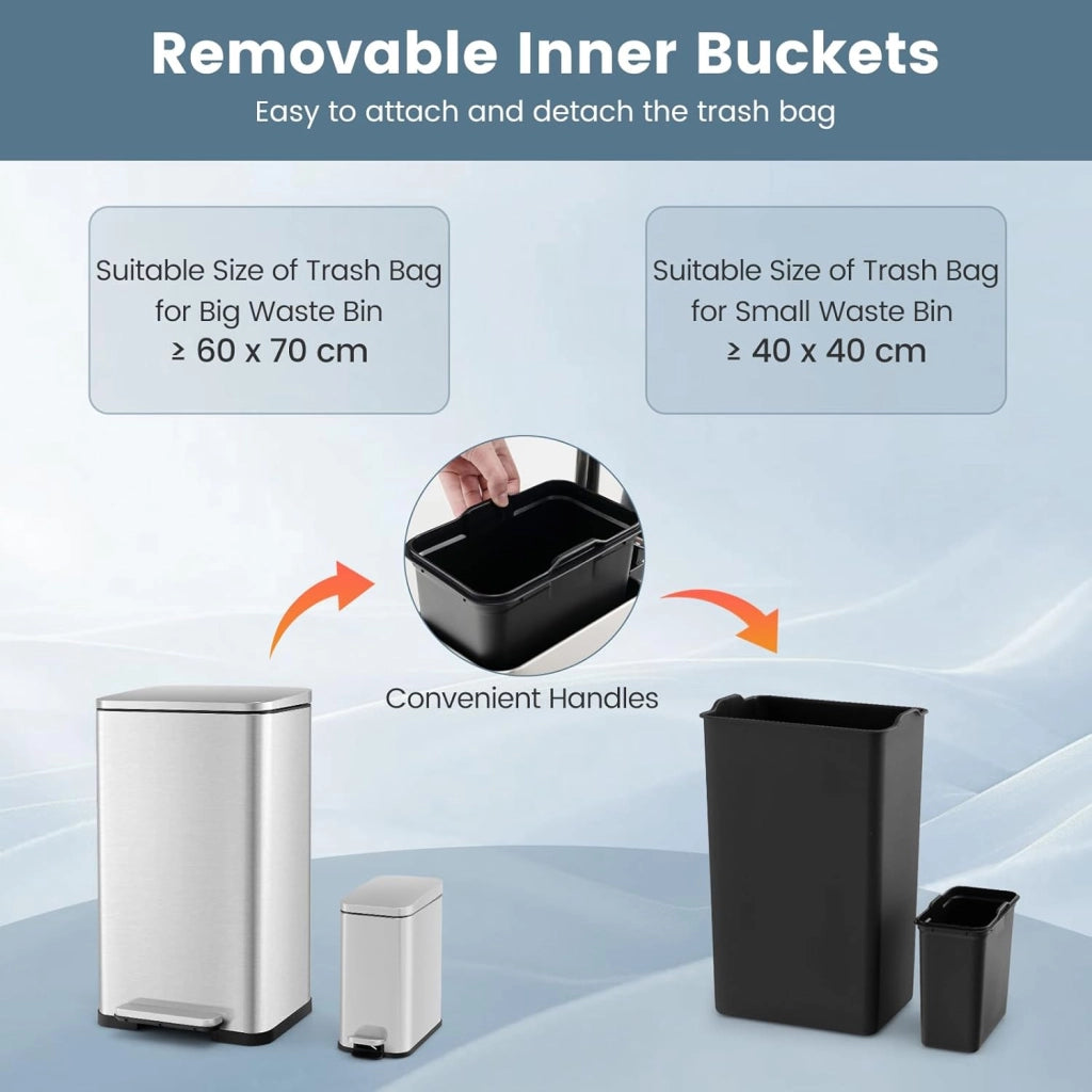 Set di 2 Bidoni per Cucina, 40 L + 6 L, con Coperchio e Pedale per Pedale, Pattumiera a Pedale con Secchio Interno Rimovibile, in Acciaio Inox