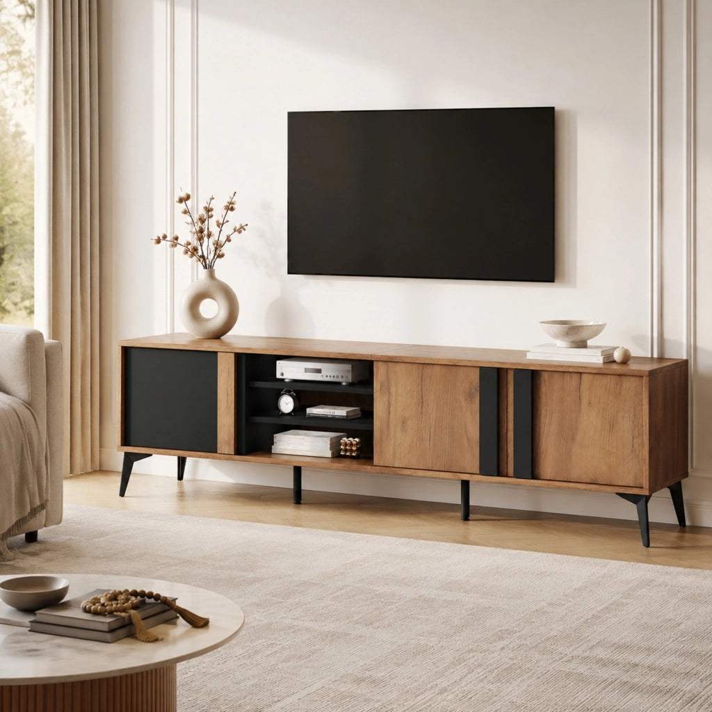 Mobile TV ULEVR 180x40x50 cm con 3 ante e 4 vani aperti, foro passacavi, marrone e nero