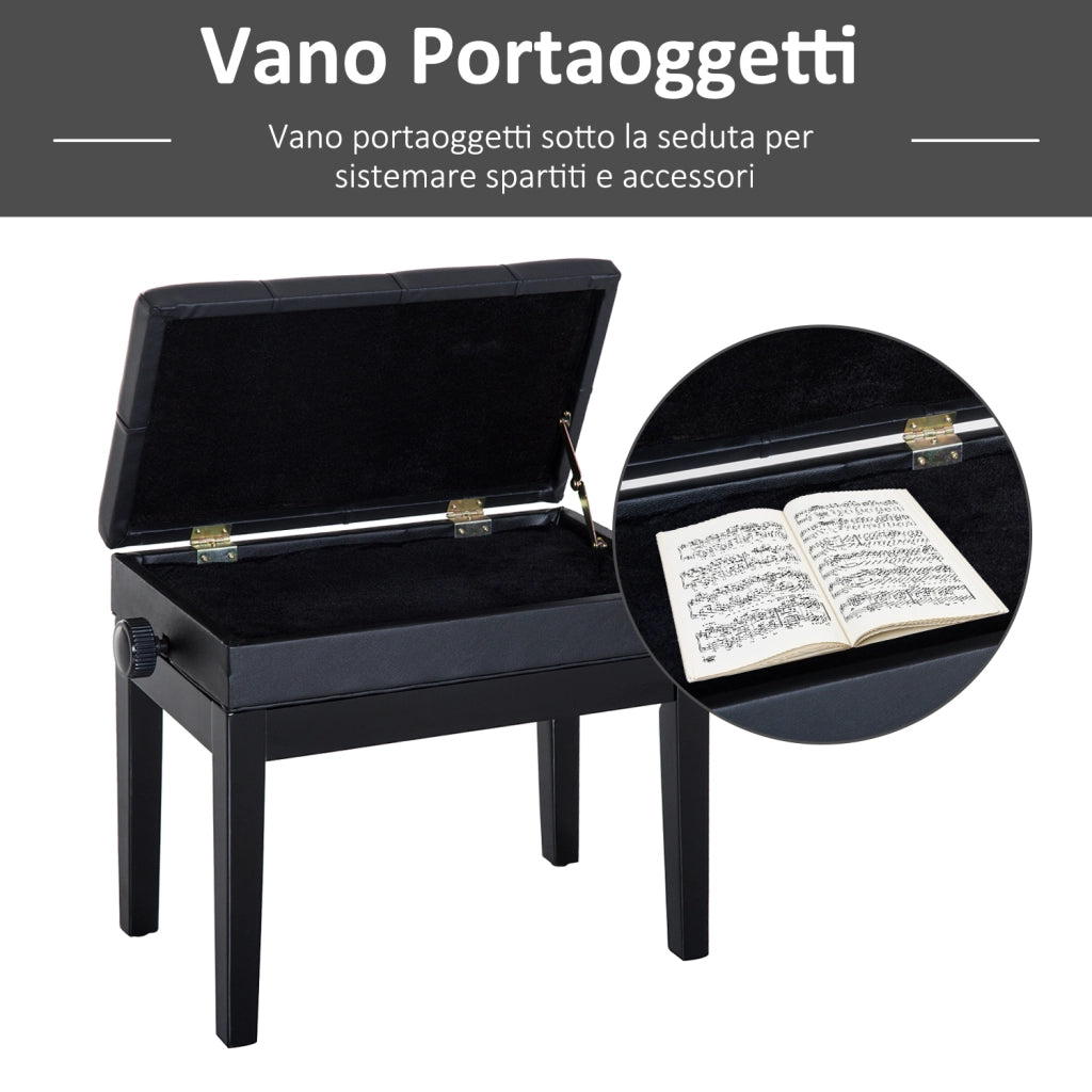 Sgabello da Pianoforte con Vano Contenitore in Legno e Pelle PU ¨C zephmum ¨C Nero 54.5x33x48-58 cm