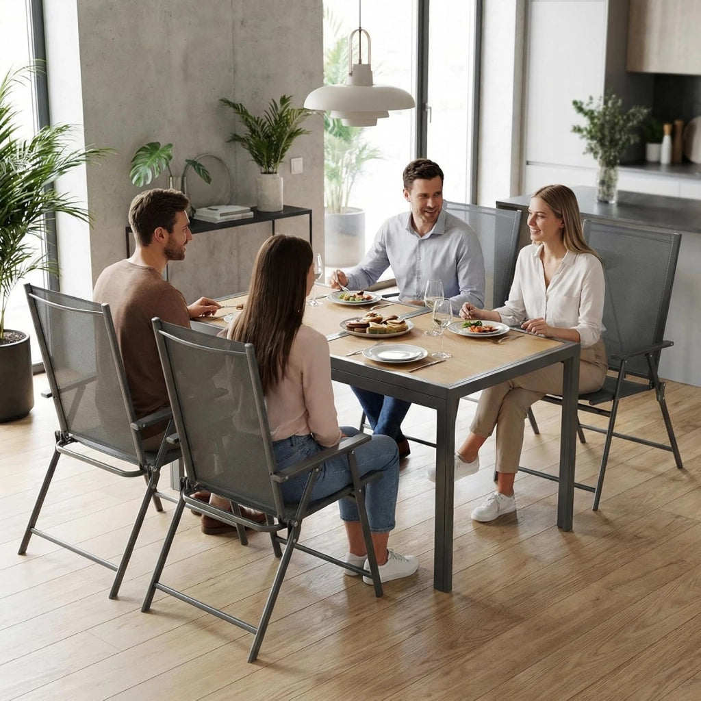 Set di 4 Sedie da Giardino Pieghevoli, Sedie da Campeggio con Schienale e Braccioli, Struttura in Metallo, Portata 121kg, Sedia Pieghevole Leggera per Balcone, Terrazza, Grigio Scuro