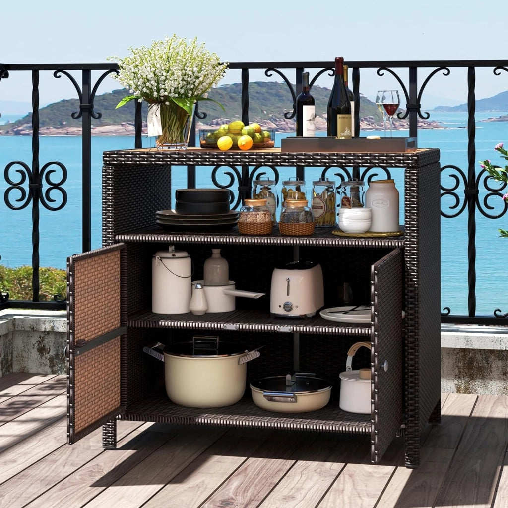 Armadio da Esterno Impermeabile in Rattan, Armadietto Basso con Piano di Lavoro in Legno e Ripiano Aperto, Credenza da Cucina, Balcone, Giardino, Corridoio, 90 x 53 x 86 cm (Marrone)