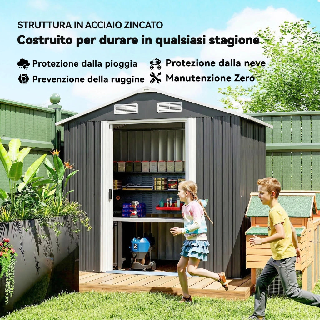Capanno Box da Giardino 195,5x158,5x188 cm con 2 Porte Scorrevoli in Acciaio Nero