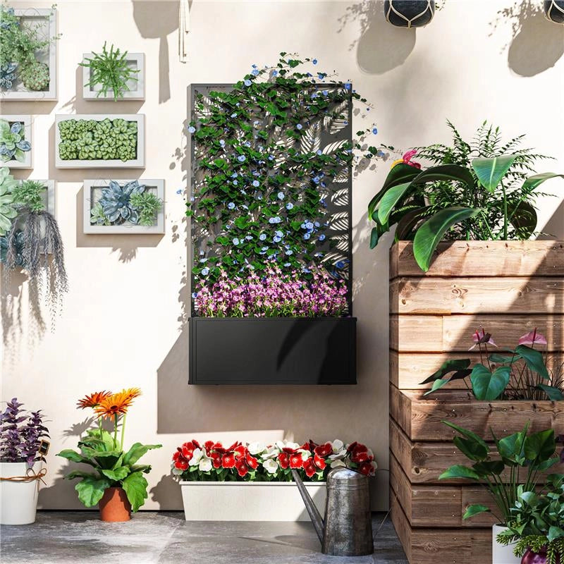 FIORIERA RIALZATA CON TRALICCIO DECORATIVO PER RAMPICANTI DA TERRA E PARETE 61X23X113 CM NERO