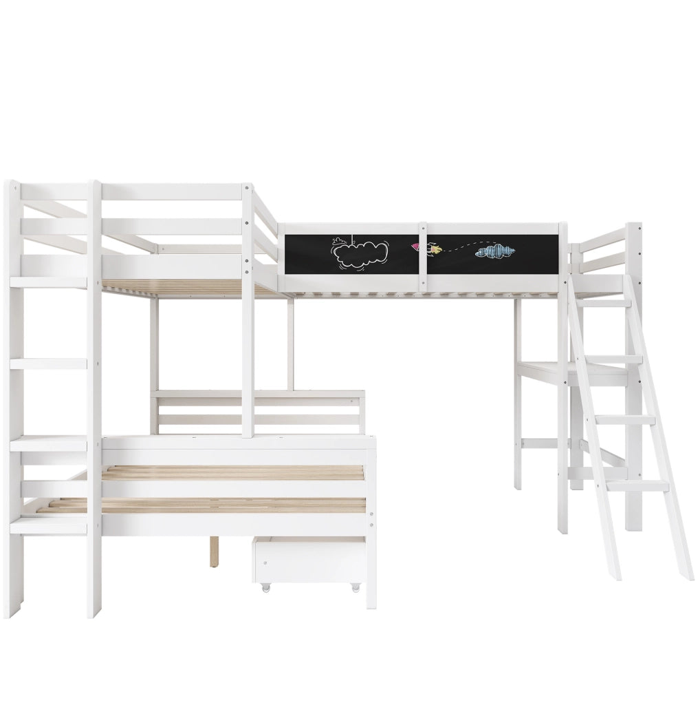 Letto a castello per bambini per 3 persone 140x200 cm e 2x90x200 cm in legno massiccio bianco e rovere