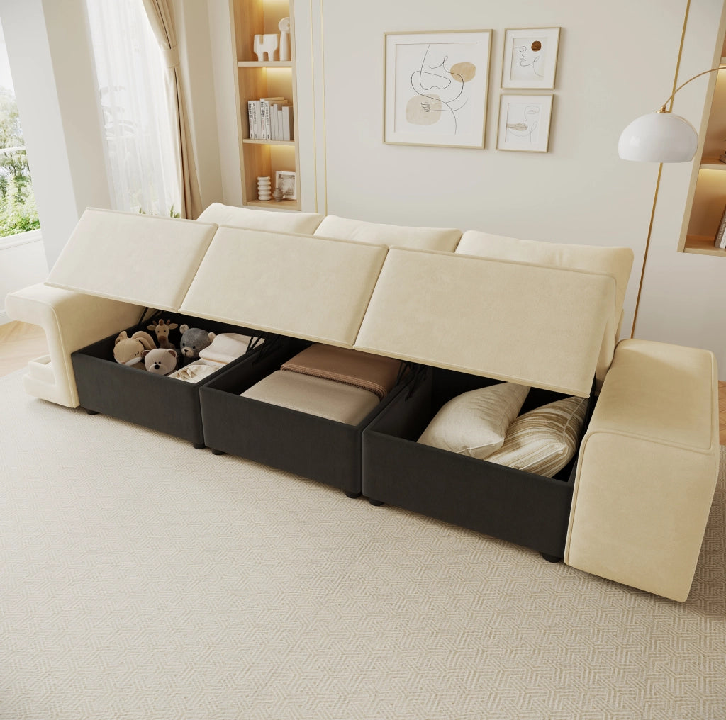 Divano modulare 3 posti beige in velluto con vani contenitore e nicchie imbottite per animali
