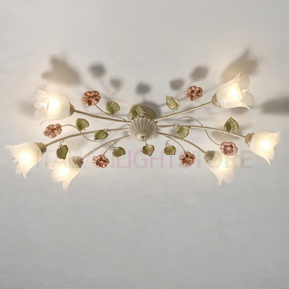 SPRING Plafoniera Allungata a 6 Luci in Ferro Decorato Stile Floreale