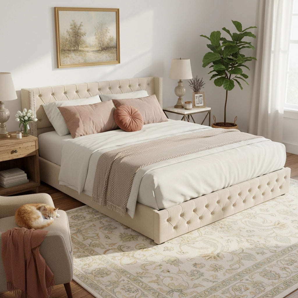 Letti contenitori 160x200 cm; contenitore idraulico; velluto beige (Senza materasso)