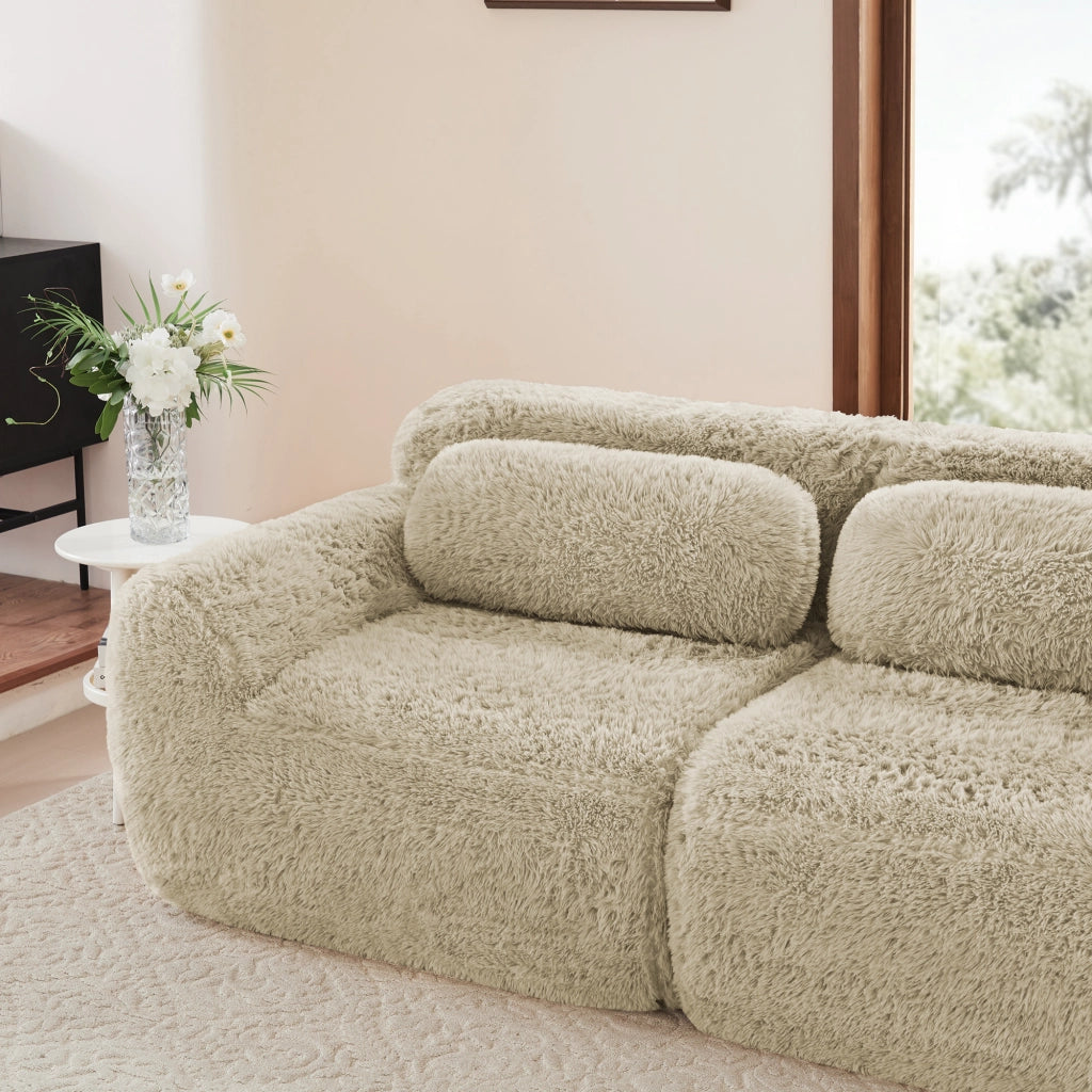 Divano modulare senza braccioli con cuscino in tessuto peluche, seduta ampia, beige cachi chiaro