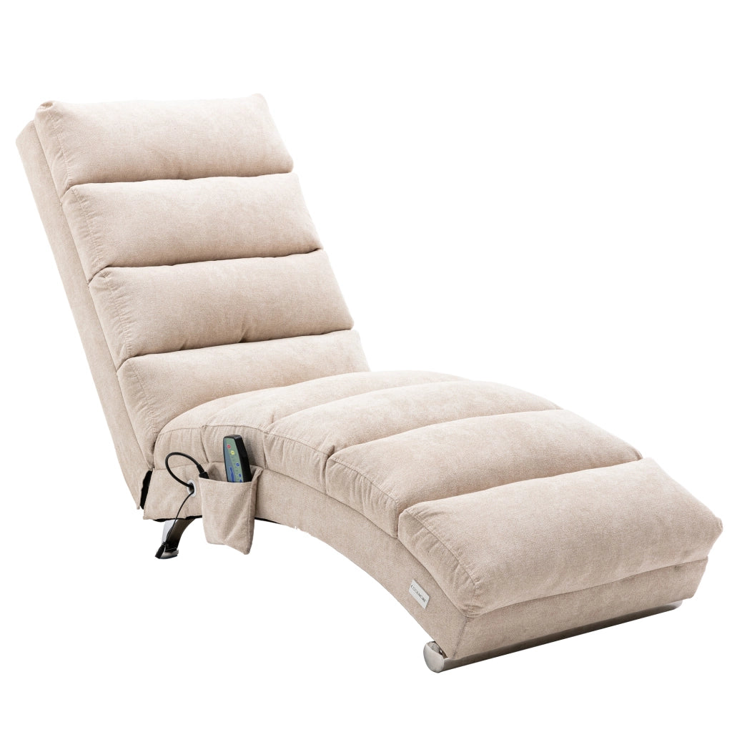 Chaise Longue Massaggiante Fissa 1 Posto con Vibrazione Delicata e Tasca Laterale; Schienale 140°; Lino Beige