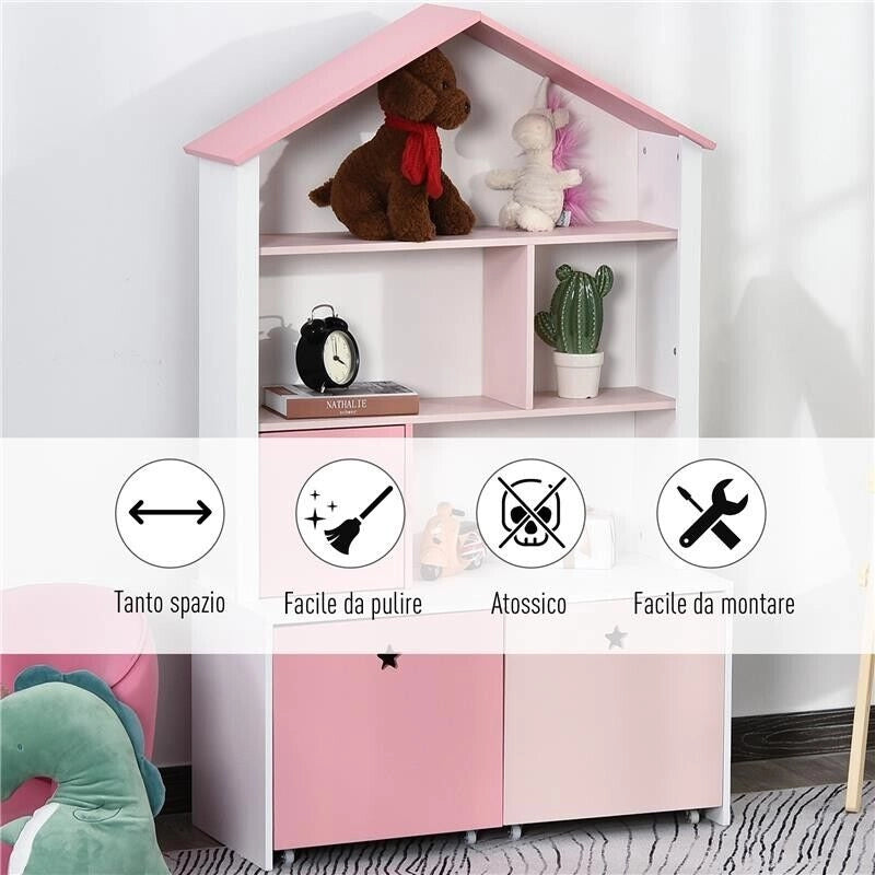 LIBRERIA SCAFFALE PORTAGIOCHI PER CAMERETTA BIMBI CON 2 CASSETTI ESTRAIBILI