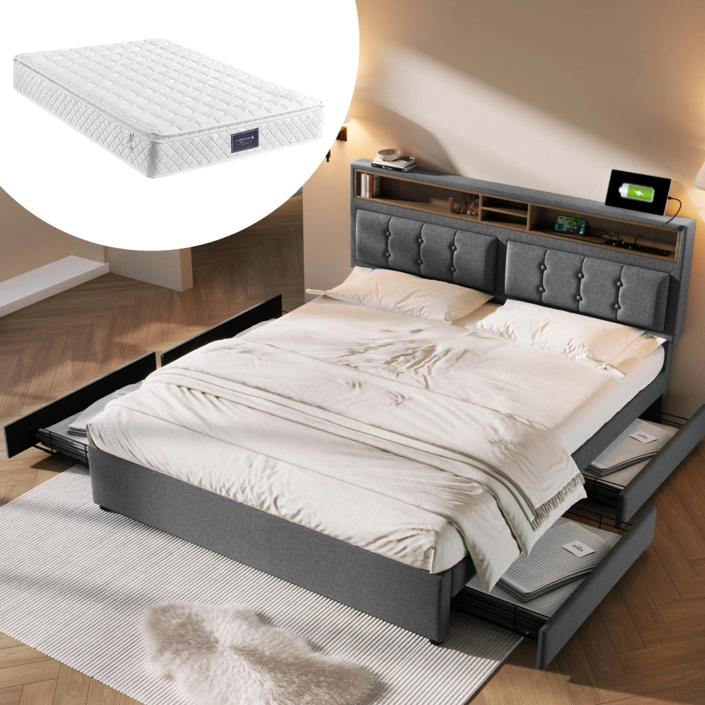 Letto imbottito 140x200 cm grigio con 4 cassetti e USB-C