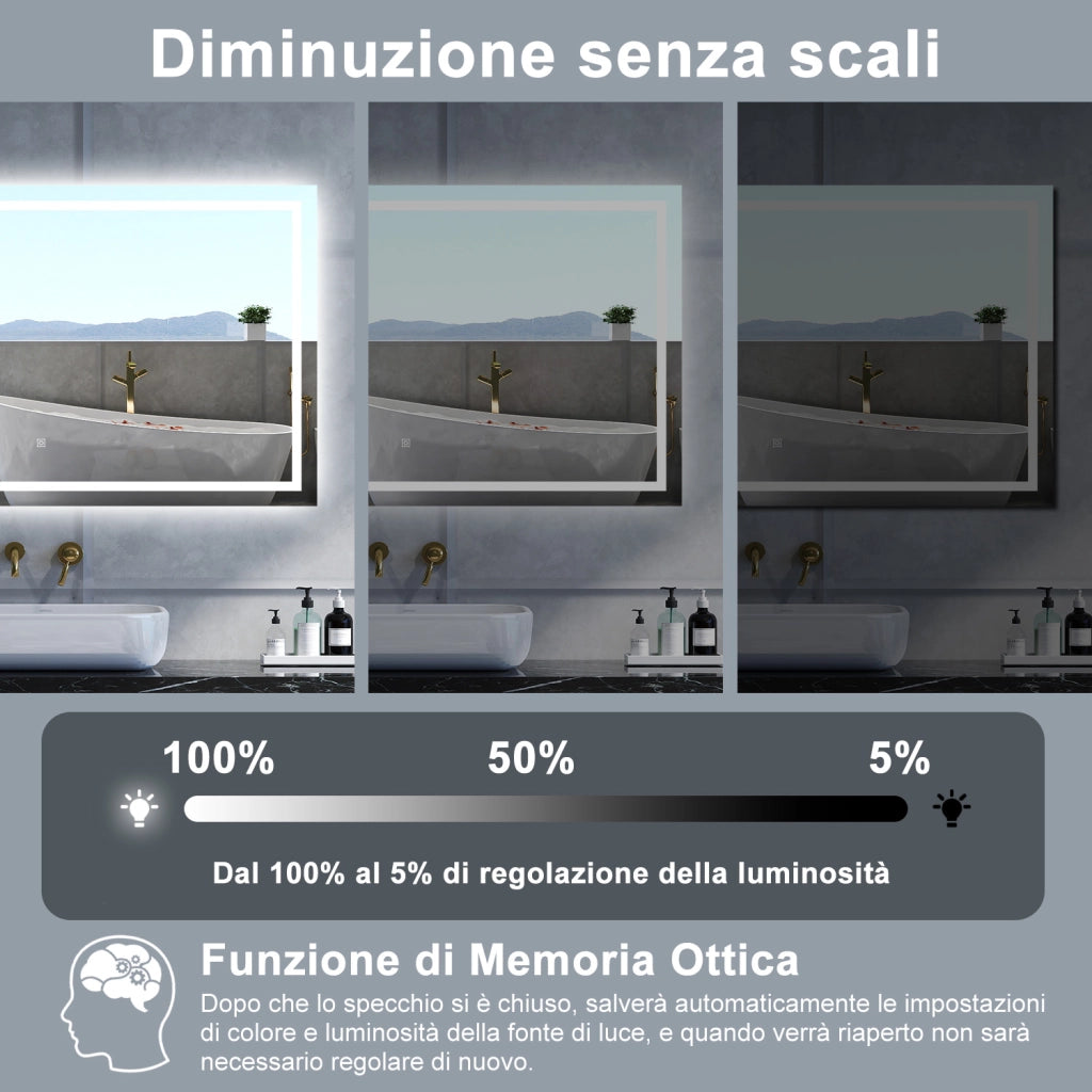 Specchio da bagno Rettangolare con 100x80cm,Memoria, Antifog,Regorabile,Retroilluminato,doppio interruttore,