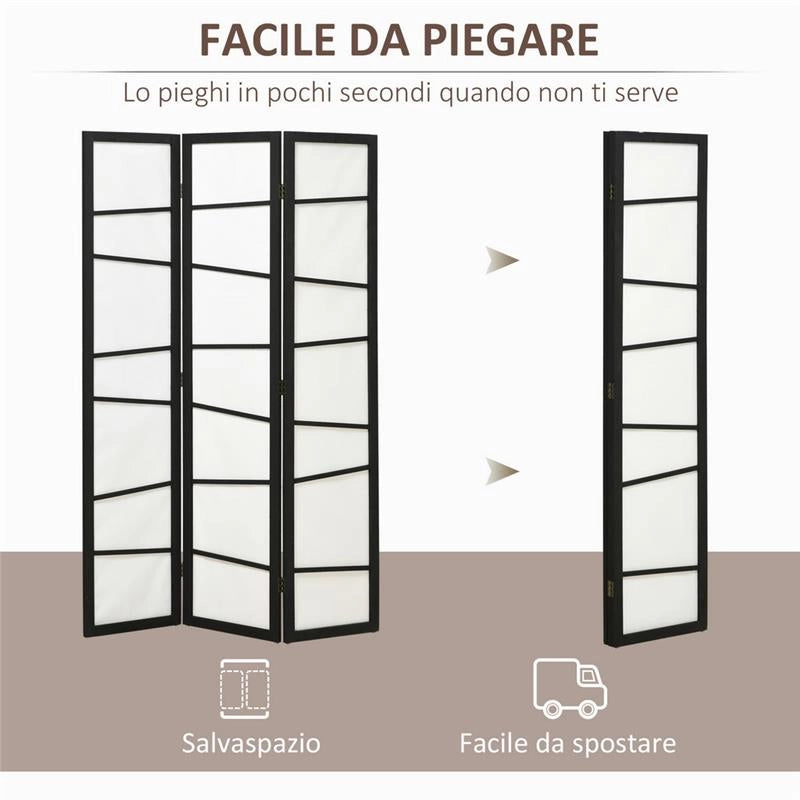 PARAVENTO A 3 PANNELLI PIEGHEVOLE IN LEGNO 120X170CM NERO E BIANCO