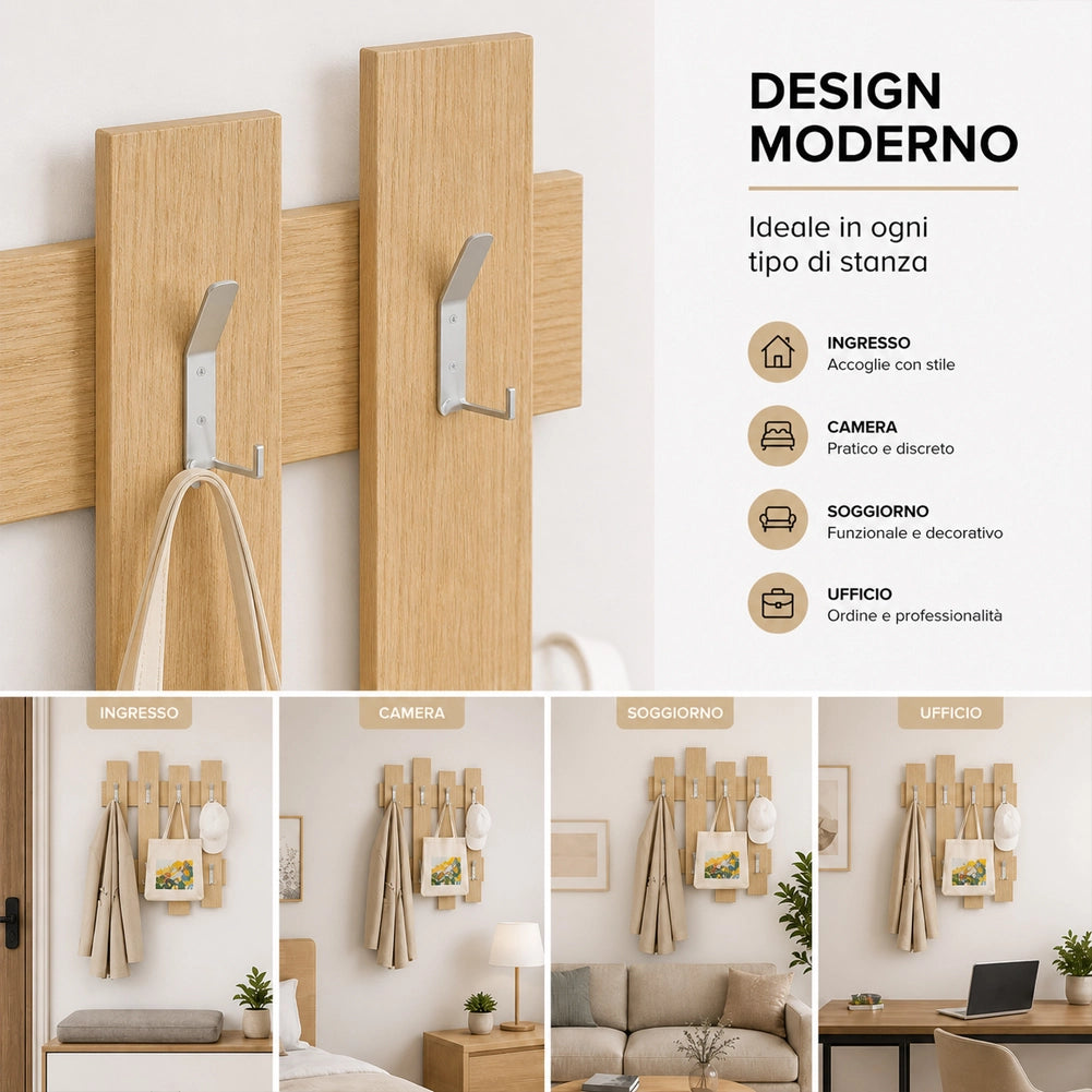 Appendiabiti da Muro Attaccapanni Montaggio a Parete H79xl64xP4 cm Quercia