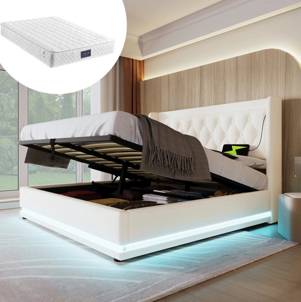 Letto matrimoniale 140x200 cm con contenitore; LED e USB-C; PU bianco