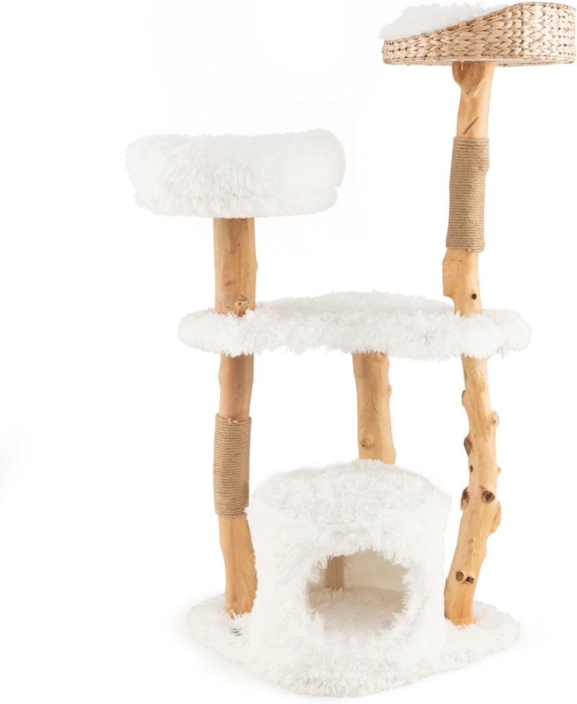 Albero per Gatti in Legno Alto 124 cm, Albero Tiragraffi per Gatti in Legno Massello con Pali di Corda di Juta, Torre Moderno per Animali Domestici Interni a 5 Livelli (Bianco)