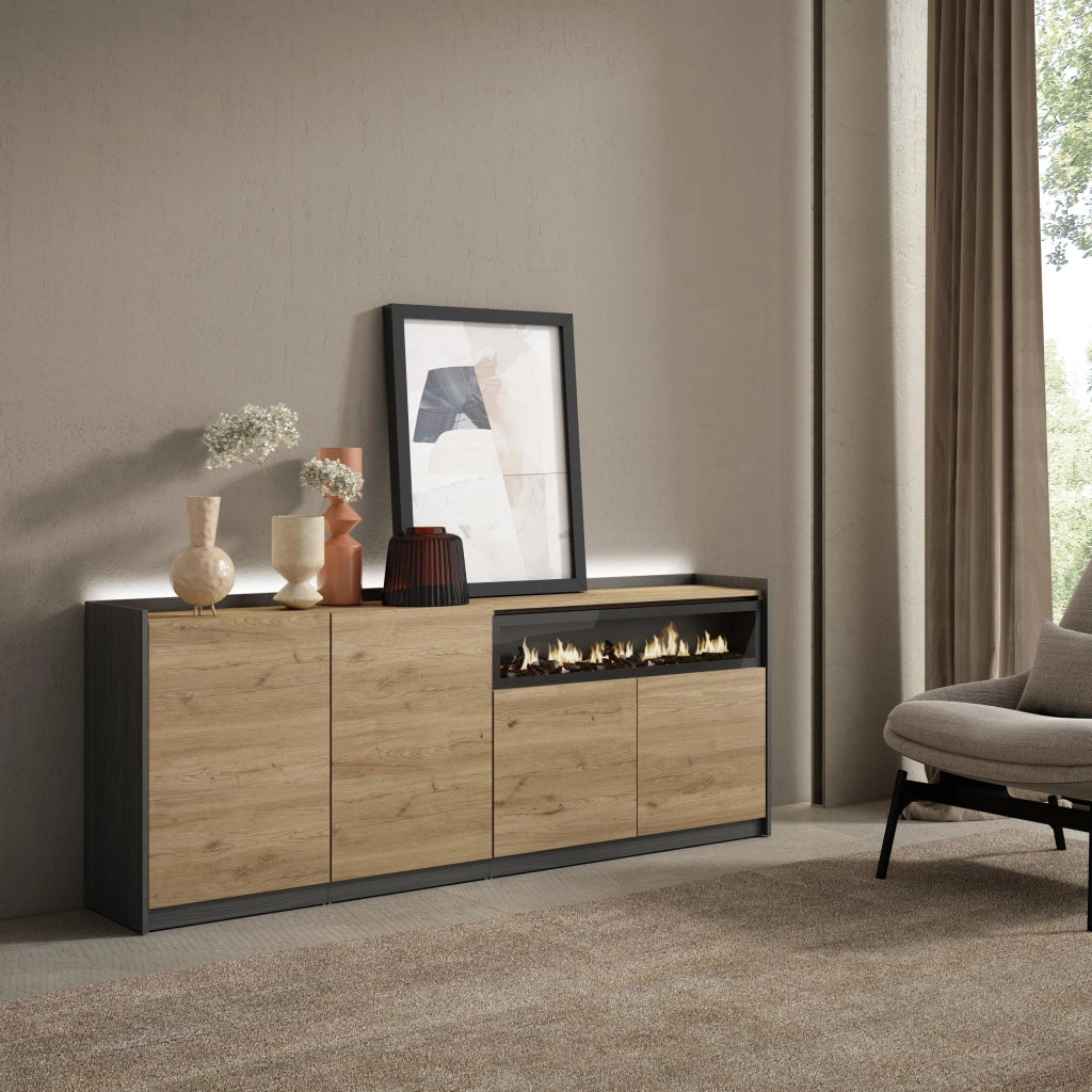 Credenza, Mobile, Cucina, 207x80x37 cm, 4 Porte, Camino elettrico, LED, Rovere e nero