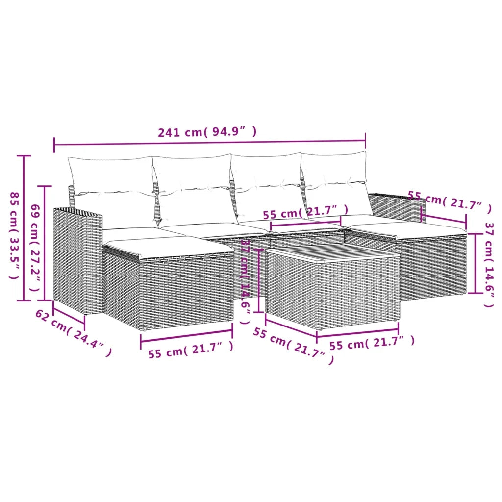Set Divani da Giardino 7 pz con Cuscini Beige in Polyrattan