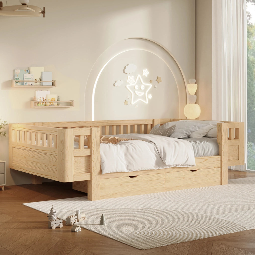 Letto a piattaforma con spondale di sicurezza e due cassetti, in legno, colore legno, per cameretta, 90 × 200 cm
