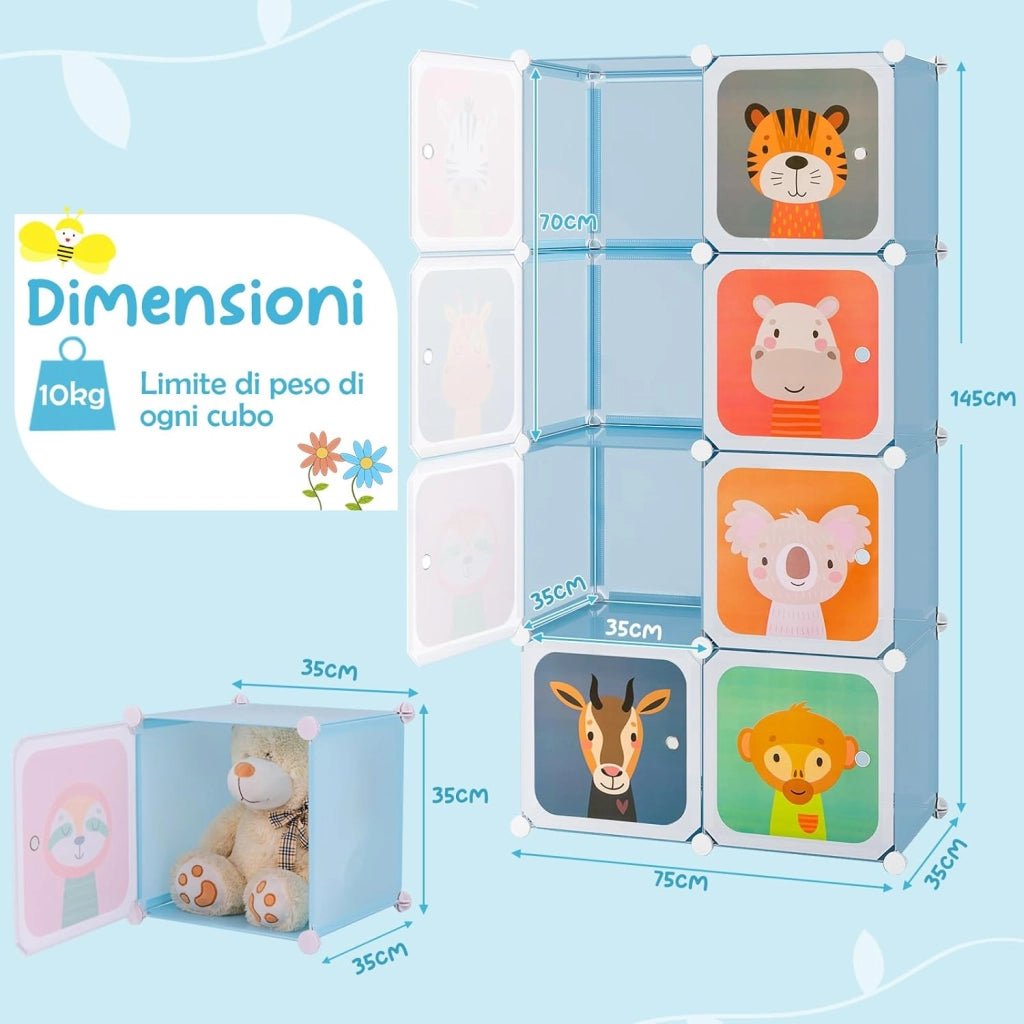 Guardaroba Portatile per Bambini, Armadio Guardaroba Modulare per Bambini con 8 Cubi, per Soggiorno, Camera da Letto, 75 x 35 x 145 cm (Blu)