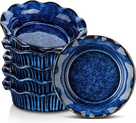Set per crème brûlée da 6, forma per torta in ceramica per cuocere, 256 ml, piccola ciotola per forno, facile da pulire, resistente a lavastoviglie, forno a microonde e forno, blu