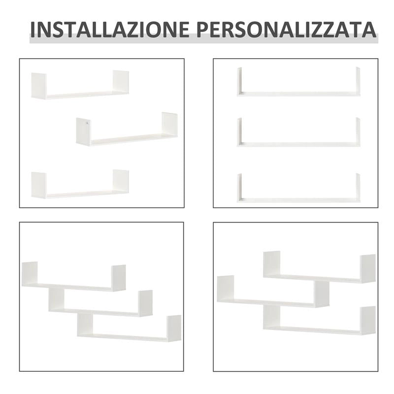 SET 3 MENSOLE DA PARETE PORTAOGGETTI IN LEGNO, 80X18X18 CM, BIANCO