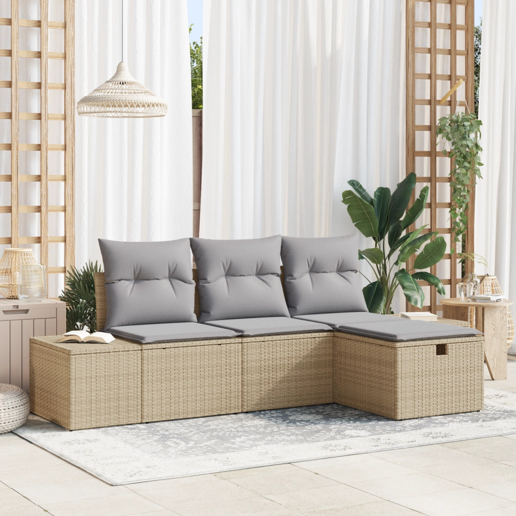 Set Divano da Giardino da 4 Pezzi con Cuscini Beige Rattan Polietilene