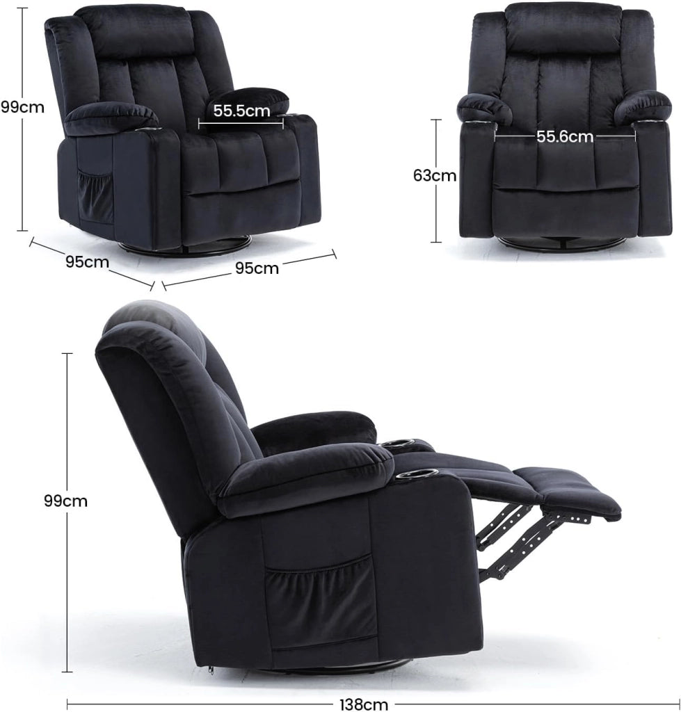 Poltrona Reclinabile Girevole per Adulti con Schienale e Poggiapiedi Regolabili, Poltrona 360° da Salotto, Portabicchieri, Tasche Laterali, Tessuto Morbido, Supporto Ergonomico, Nero