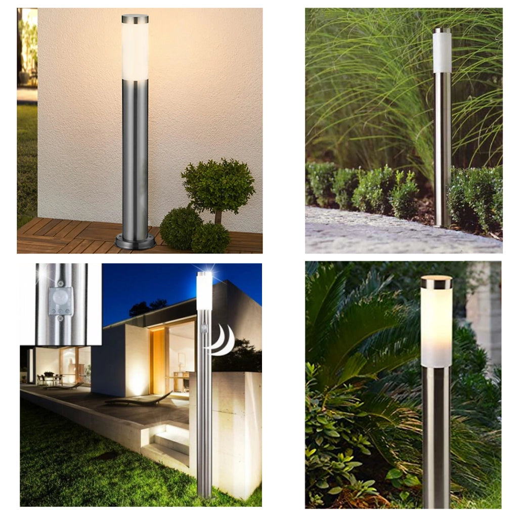 NOVA Lampione LED E27 acciaio palo esterno sensore movimento luce giardino sentiero viale cortile 230V 110cm CON SENSORE