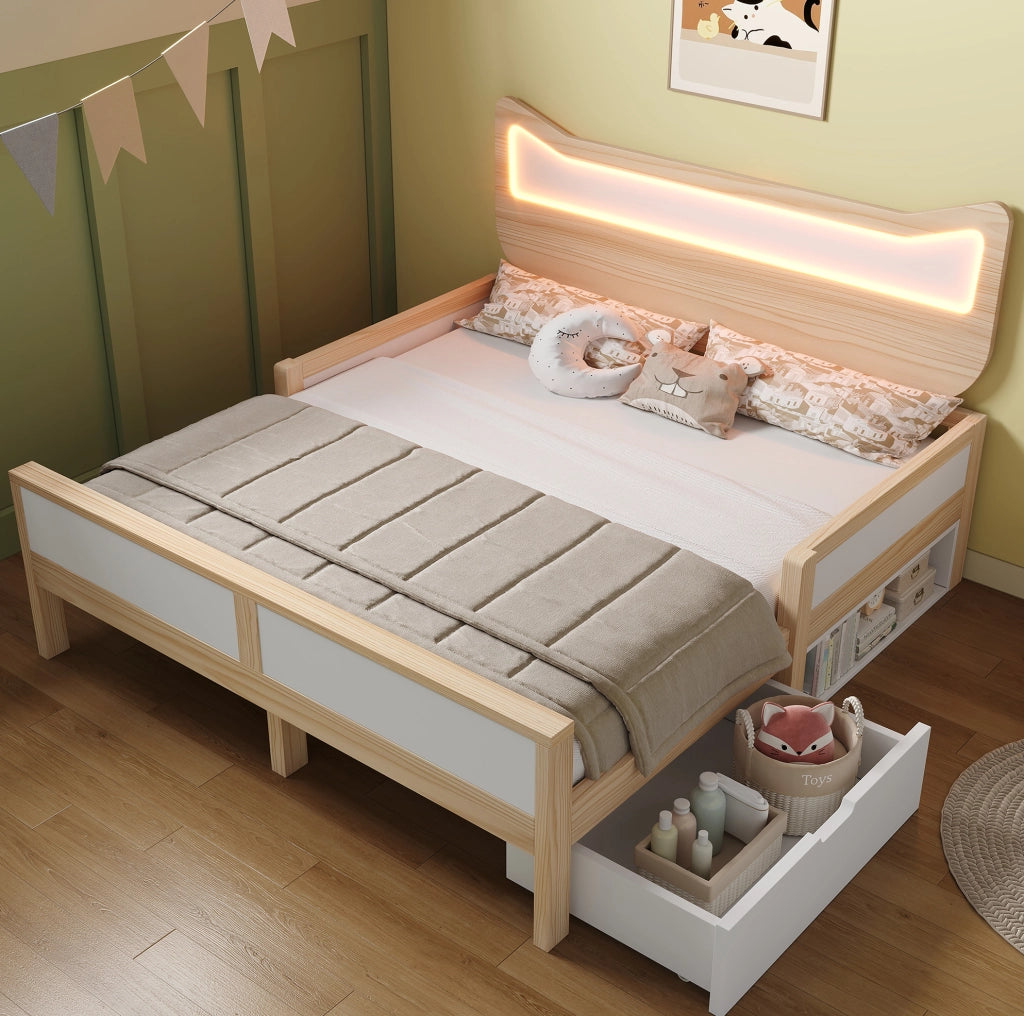 Letto per bambini 140x200 cm con LED; cassetto e vano contenitore; legno bianco e rovere