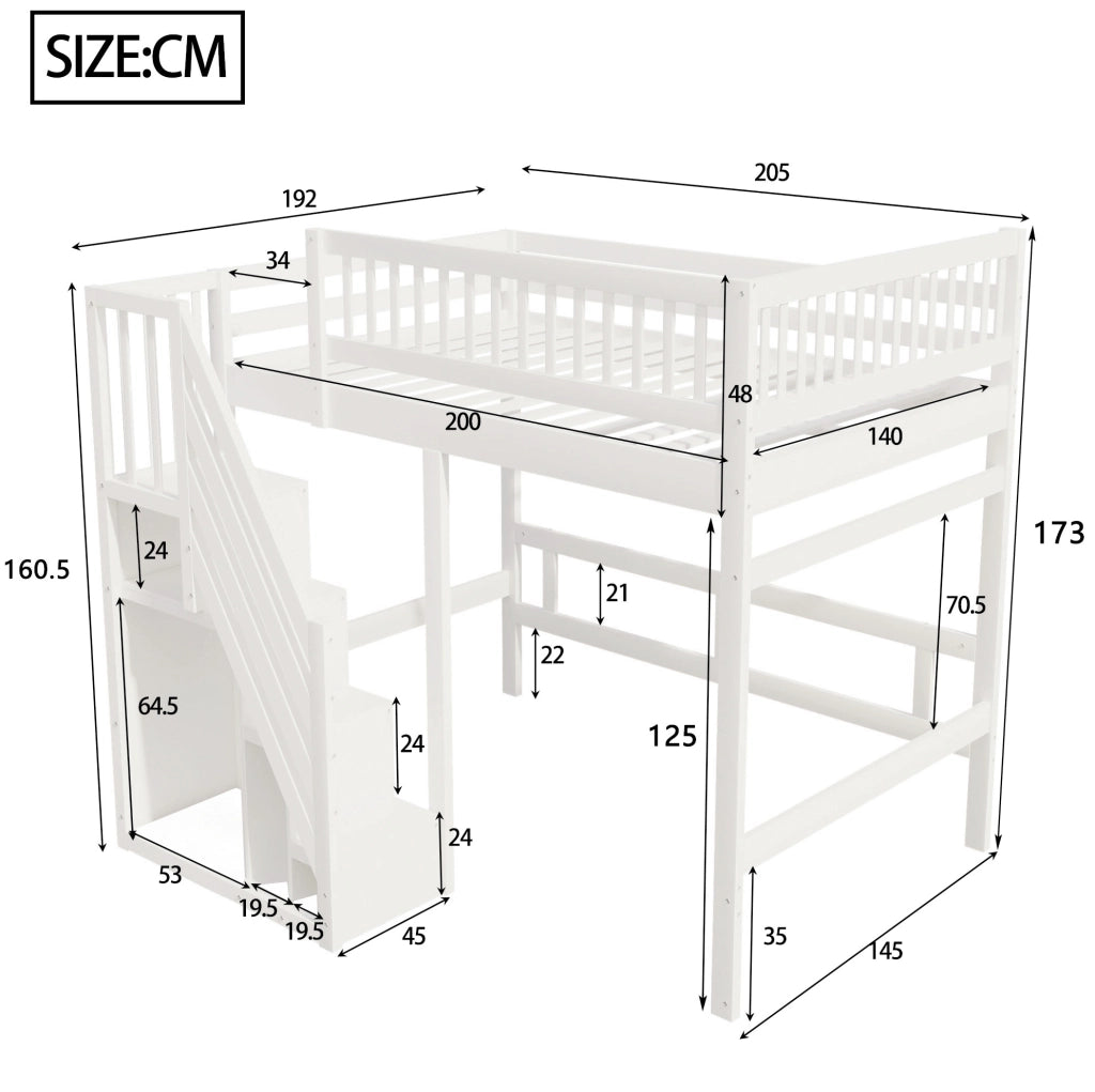 Letto rialzato 140x200 bianco con scala contenitore e sponda alta