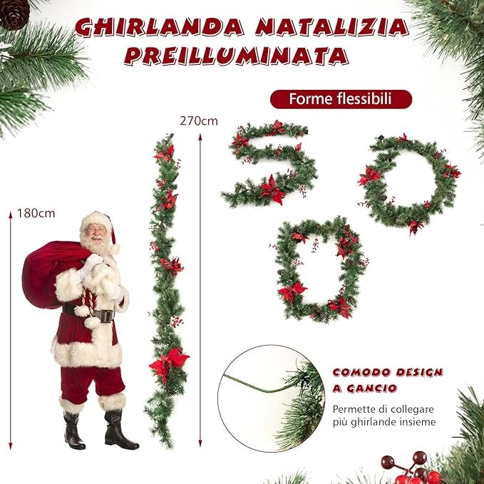 Ghirlanda di Natale Artificiale Pre-Illuminata 270CM con Luci LED, Pigne, Bacche e Fiori, Ghirlanda Natalizia a Batteria per Porta, Scale e Mensola, Decorazione Natalizia Interna ed Esterna