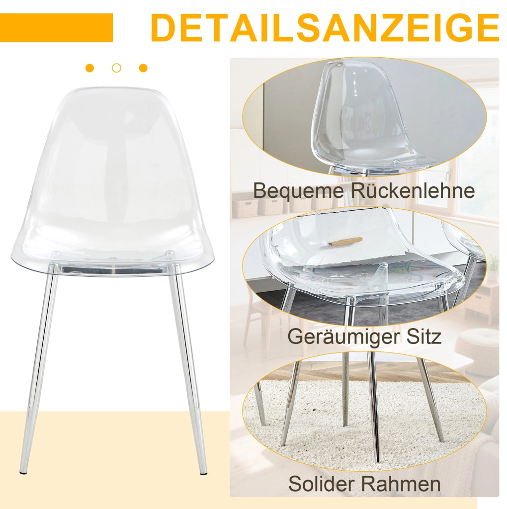 Set 4 sedie da pranzo trasparenti con gambe in metallo silver; 83 cm; seduta in plastica