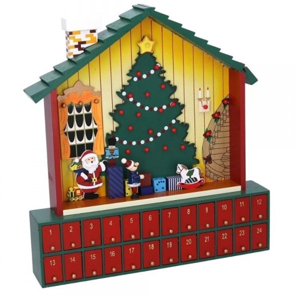 Trade Shop - Calendario Avvento Casetta Di Babbo Natale Legno Cassetti Decorazioni Natalizie -