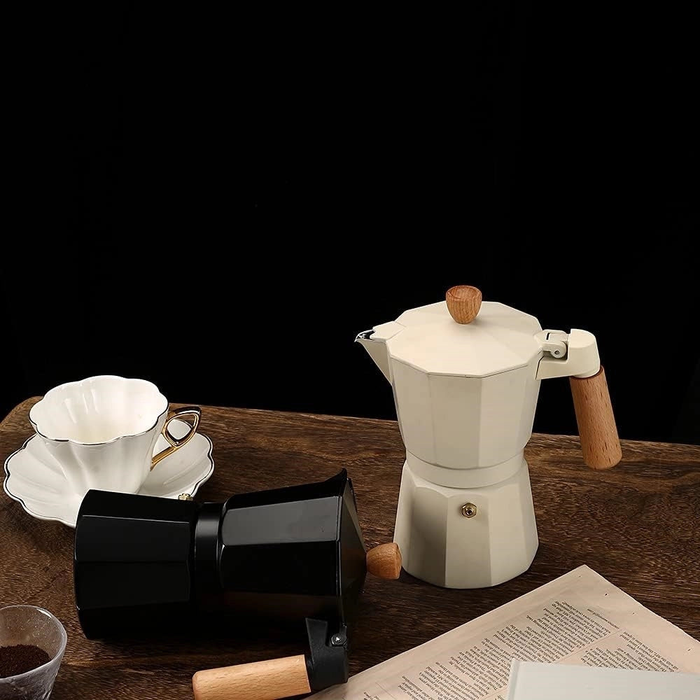 Trade Shop - Caffettiera In Alluminio Moka 6 Tazze Con Manico Pomello In Legno Utensile Caffè Espresso -