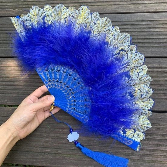 Ventilatore manuale da mano - Vintage - Ideale per matrimoni - Blu reale - Accessorio donna - Perfetto per feste e balli