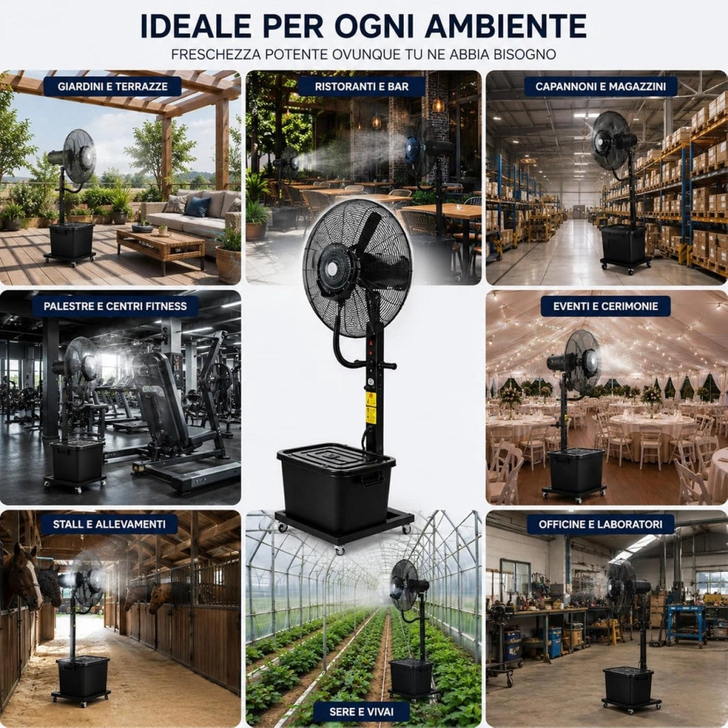 Ventilatore Nebulizzatore Raffrescatore 75 cm con Tanica 46L, 3 Velocità, Altezza 180 cm, 280W 220V, Raffrescatore ad Acqua per Esterni, Eventi, Ristoranti, Bar e Giardini