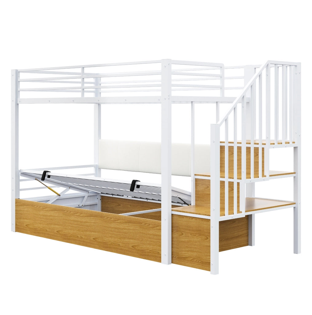 Letto a soppalco multifunzione 90x200 cm bianco in metallo; MDF e compensato; con scala contenitore