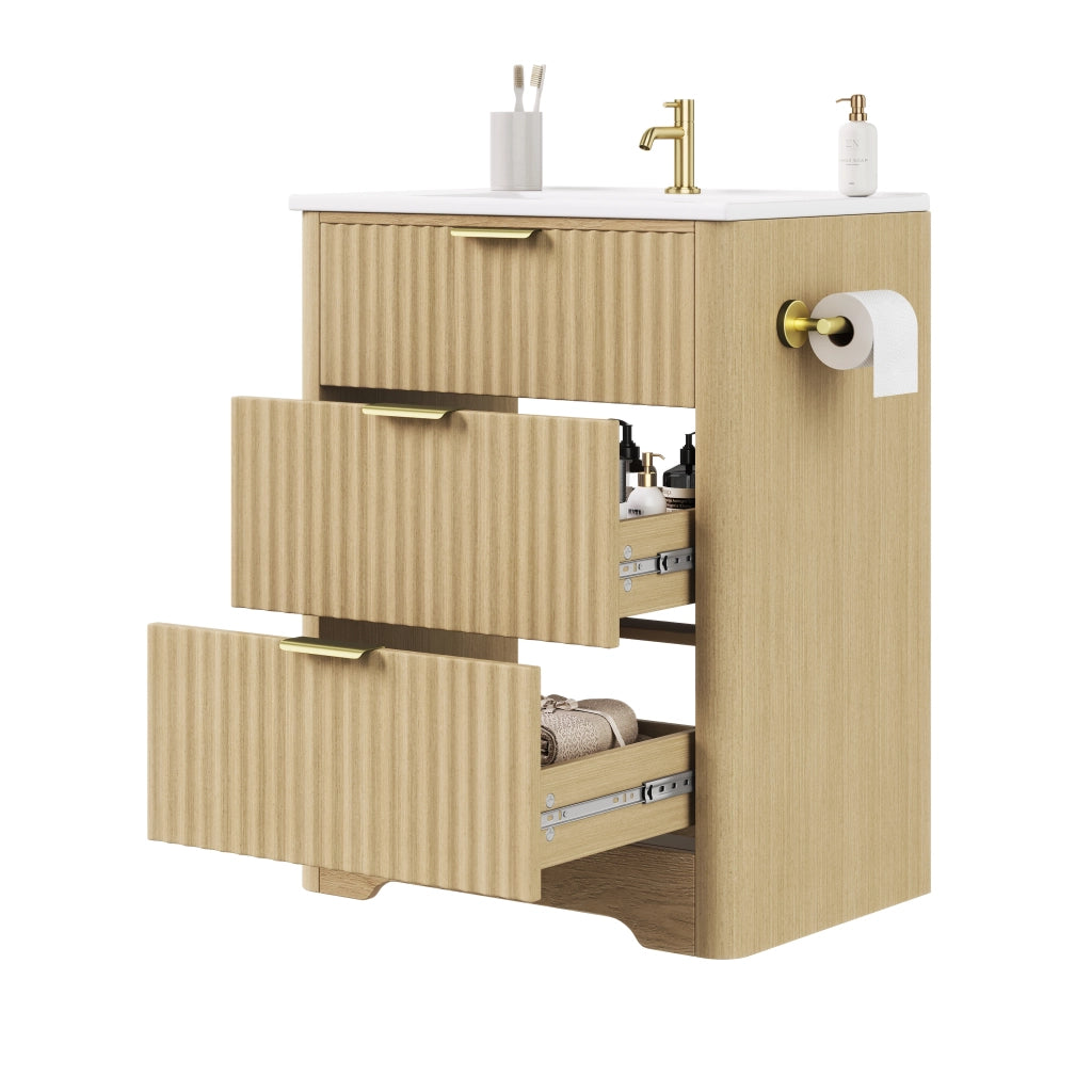 Mobile sottolavabo con 2 cassetti e portarotolo; per bagno; in MDF e ceramica; 61×47×82 cm; naturale