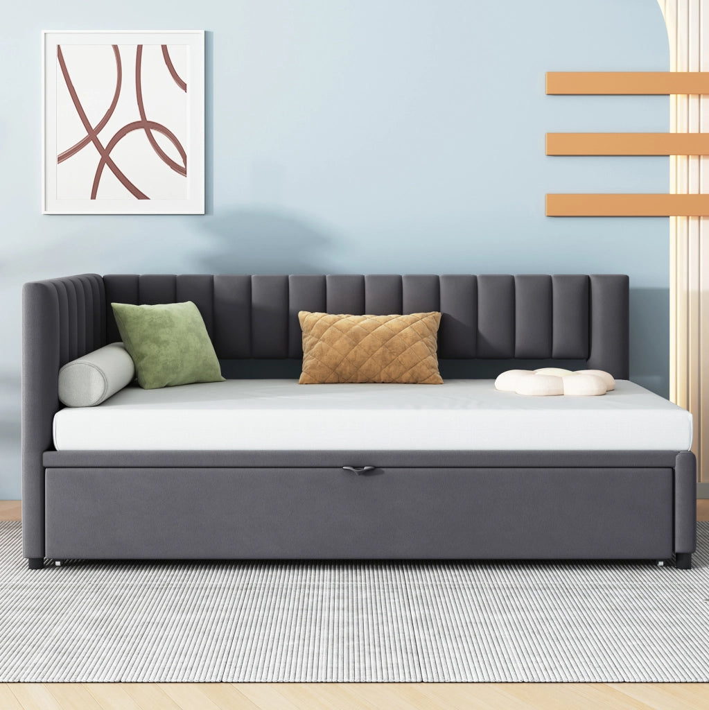 Divano letto angolare 90x200 cm estraibile; design salvaspazio; in velluto imbottito grigio