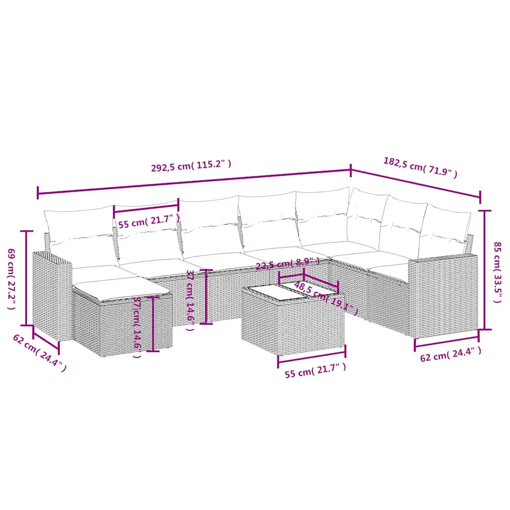 Set Divano da Giardino 9 pz con Cuscini Beige in Polyrattan 3263594